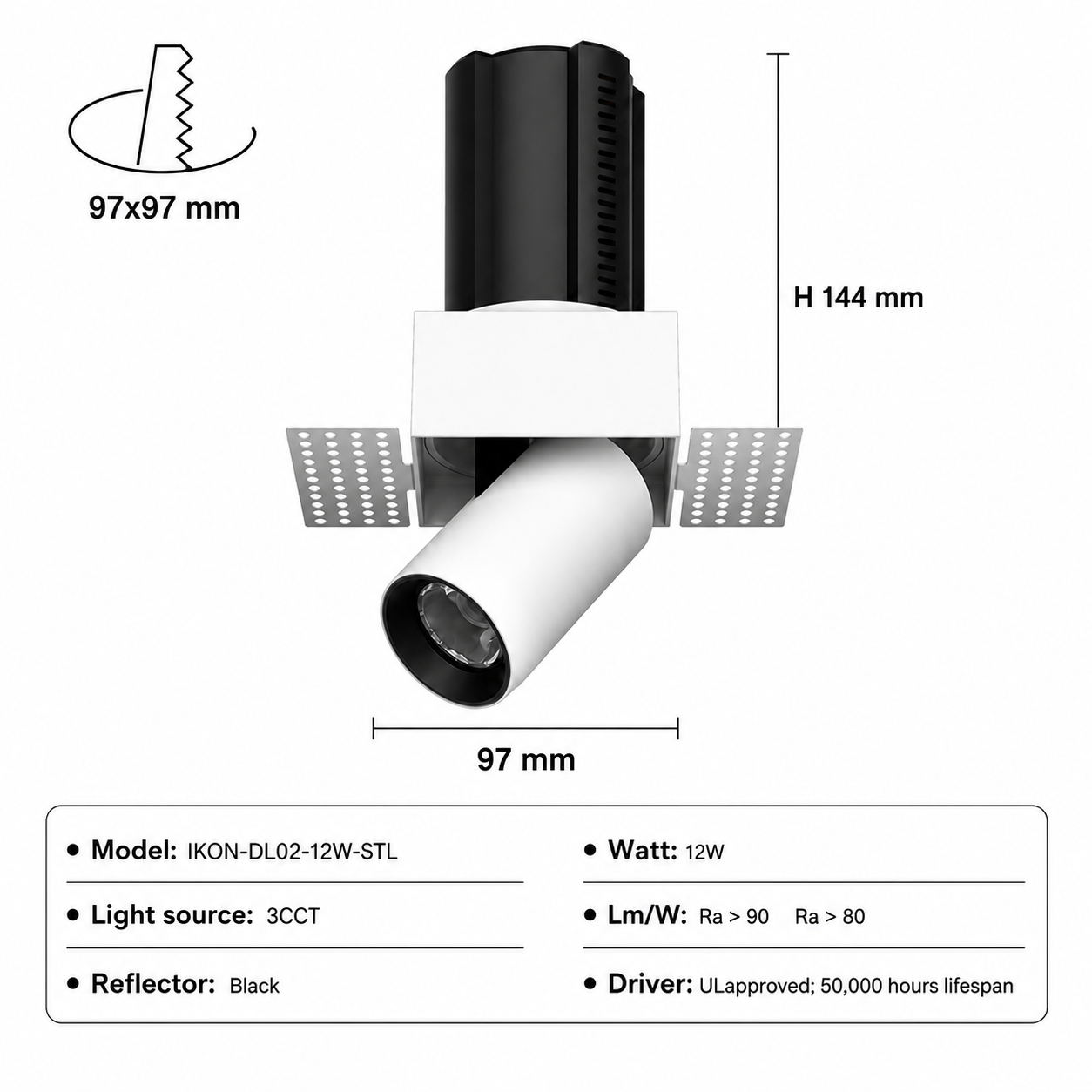 Square Trimless stretchable spotlight iKON-DL02-12W-STL