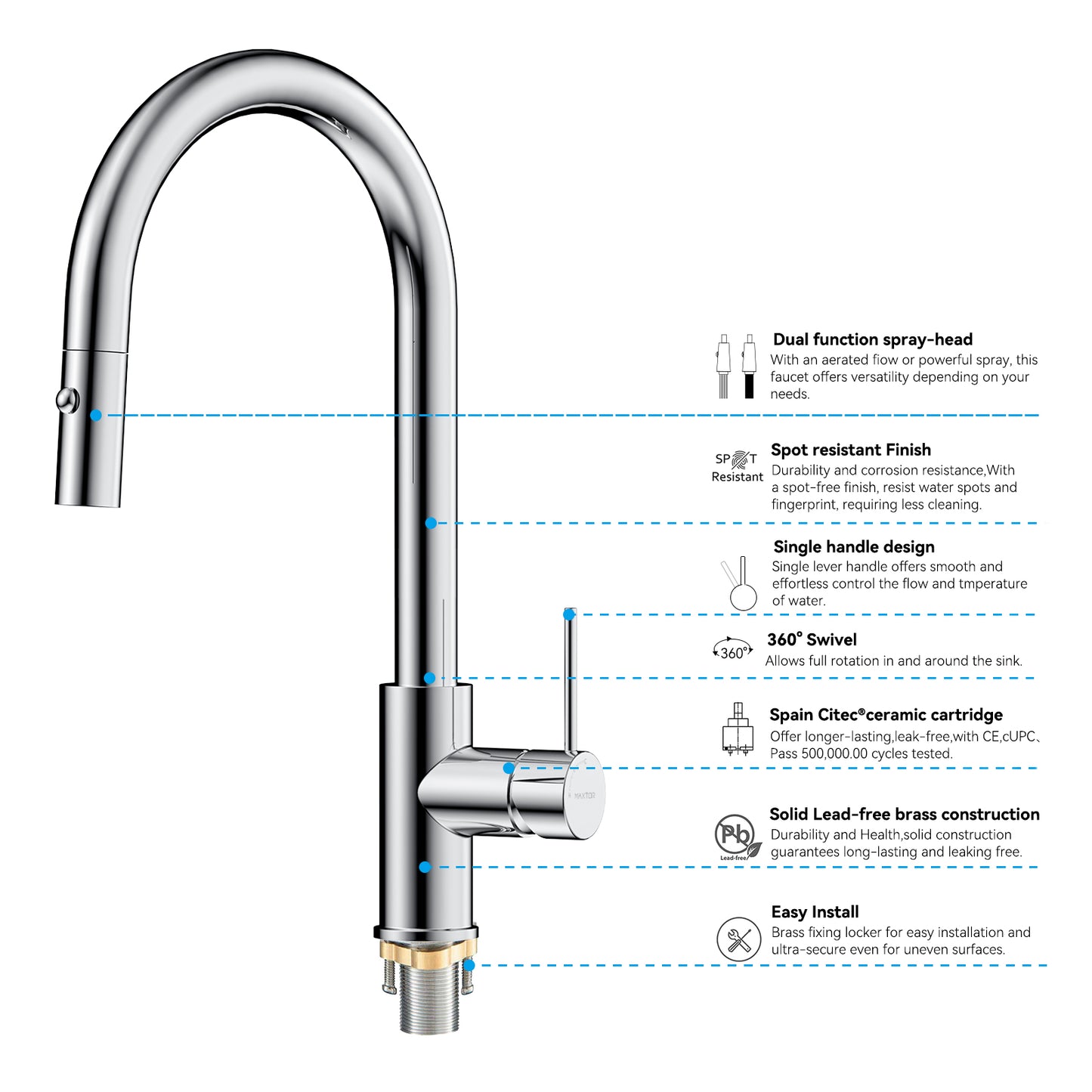 Single Handle High-Arc Solid Brass Pull-Down Kitchen Faucet iKON-KFB1059