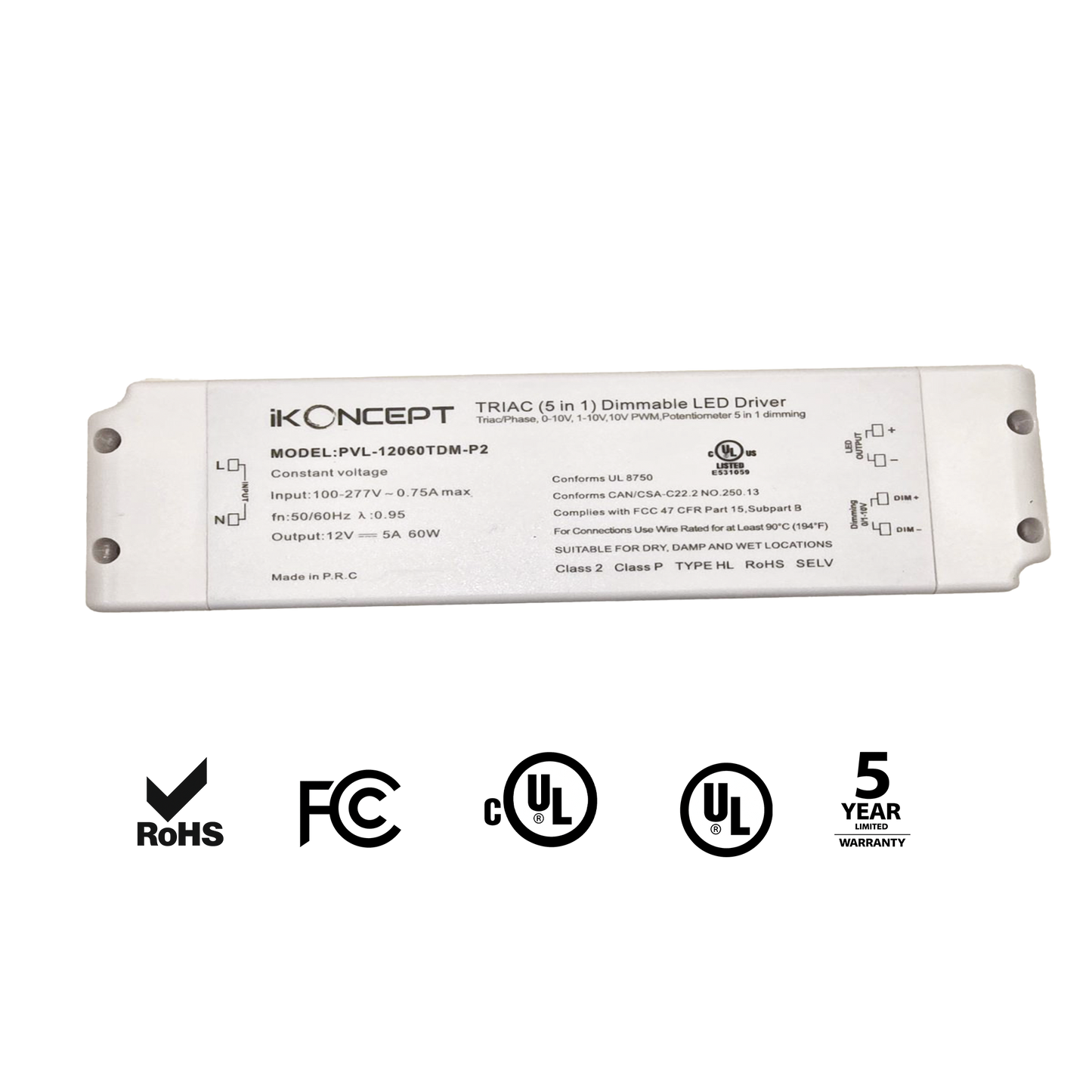60W 12V 5.0A Dimmable LED Driver (5-in-1 Multi-Function) iKON-PVL-12060TDM-P2