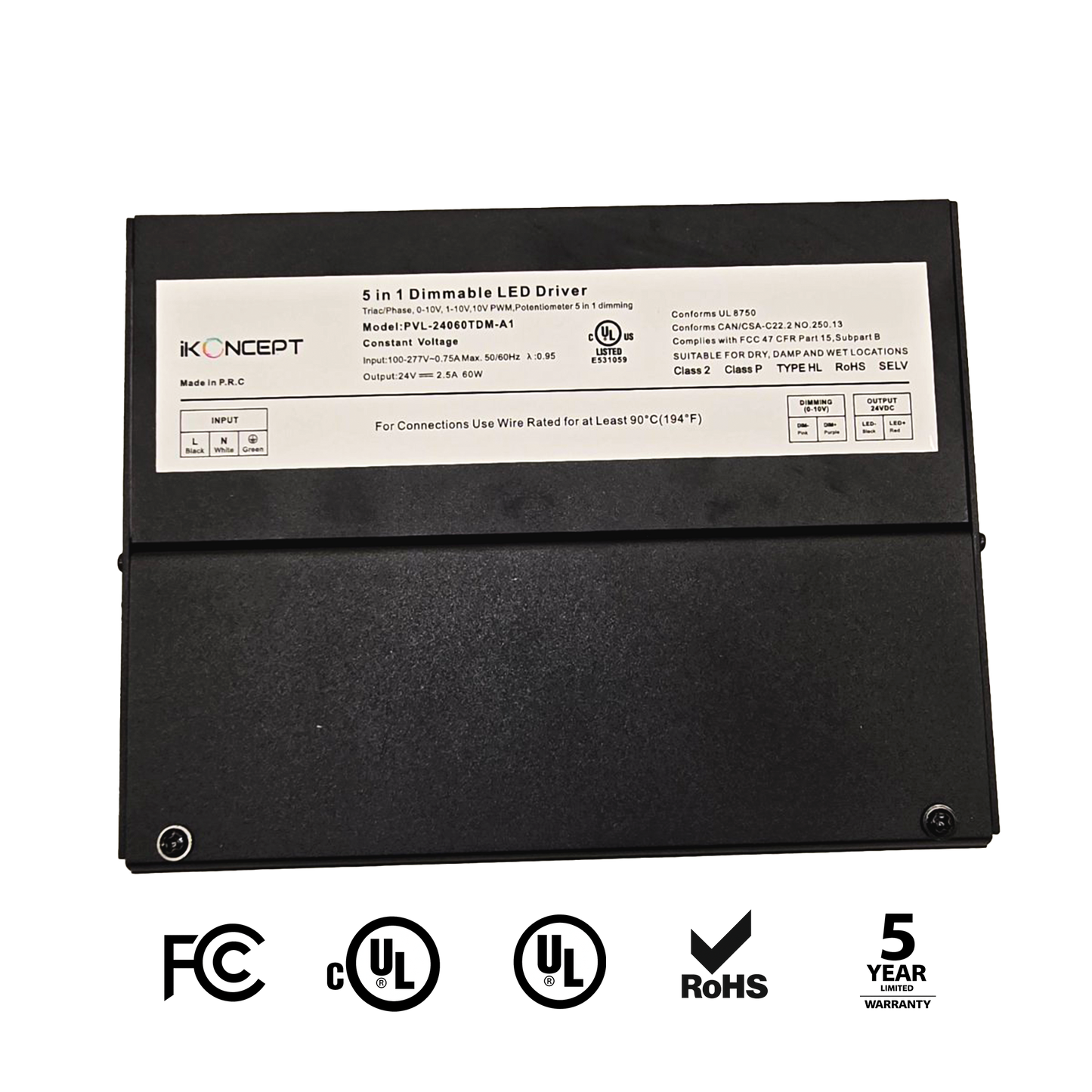 60W 24V 2.5A Dimmable LED Driver (5-in-1 Multi-Function, Constant Voltage) iKON-PVL-24060TDM-A1