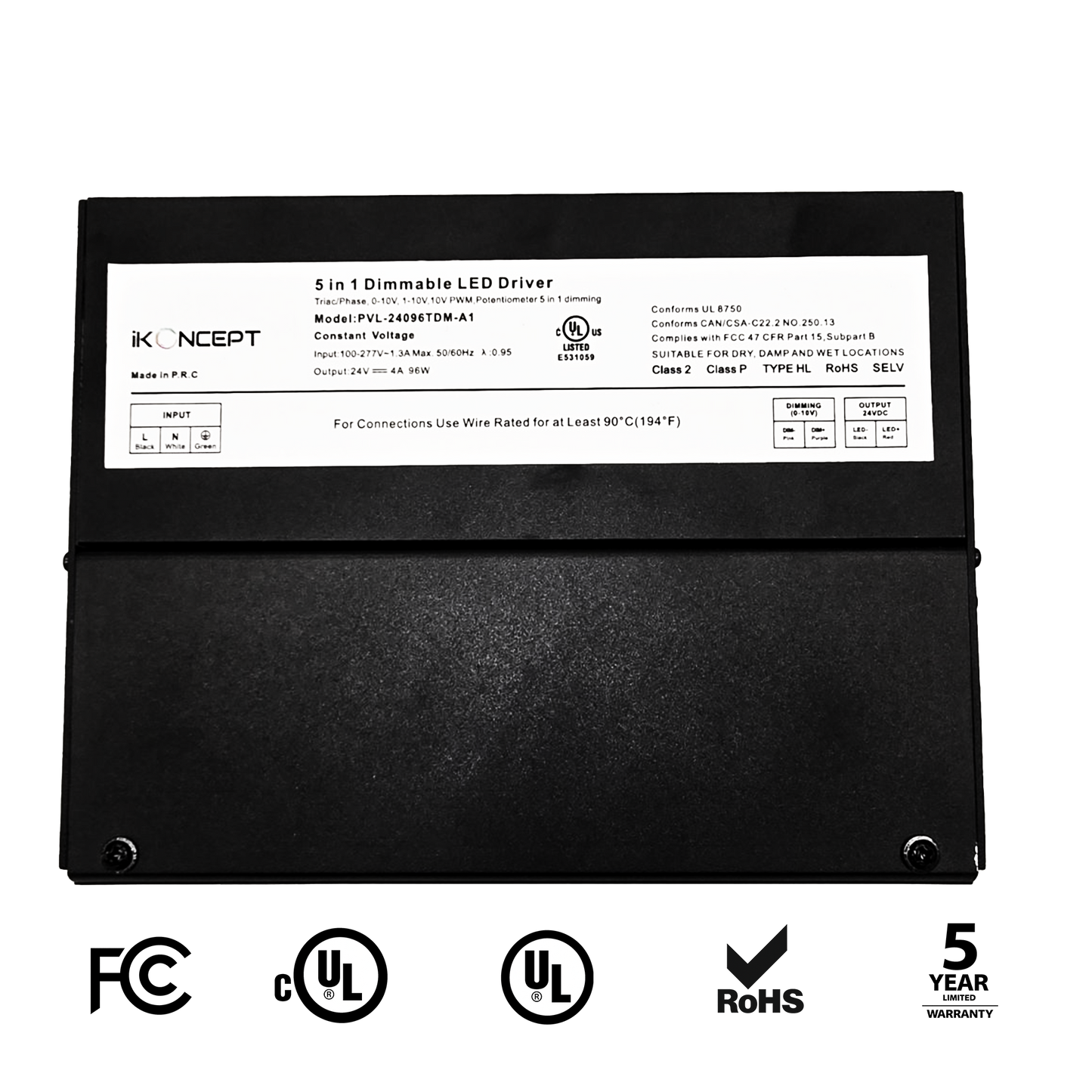 96W 24V 4A Dimmable LED Driver (5-in-1 Multi-Function, Constant Voltage) iKON-PVL-24096TDM-A1