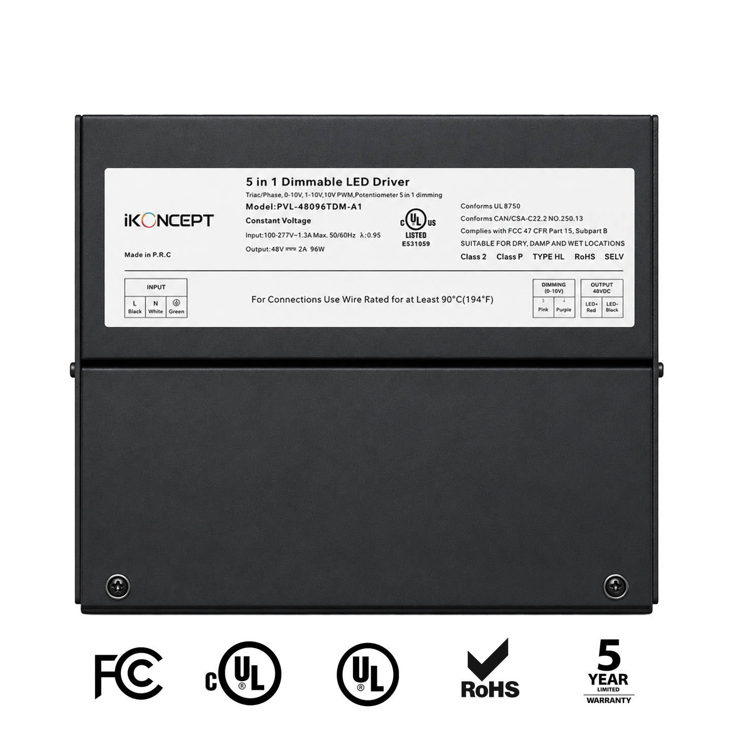 96W 48V 2A Dimmable LED Driver (5-in-1 Multi-Function, Constant Voltage) iKON-PVL-48096TDM-A1